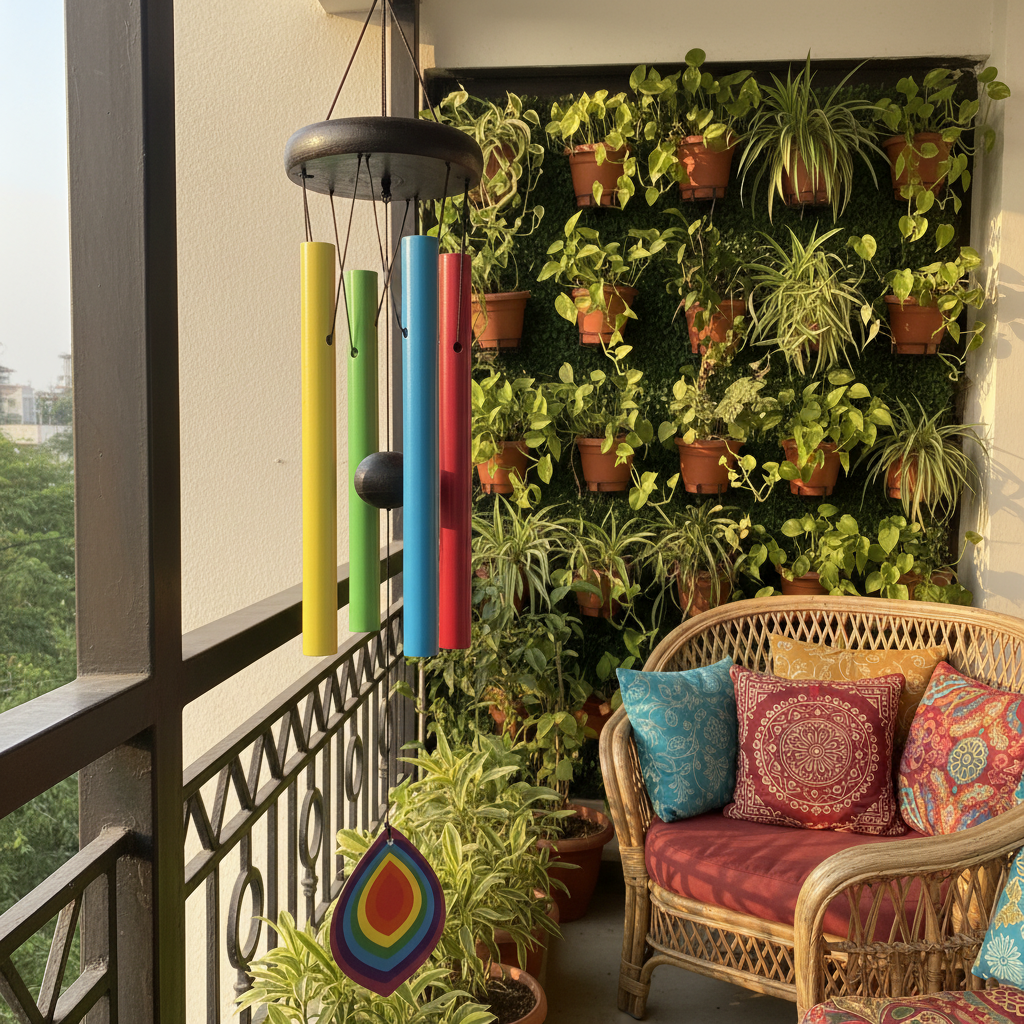 Nature's Melody multicolour wind chime hanging on a balcony