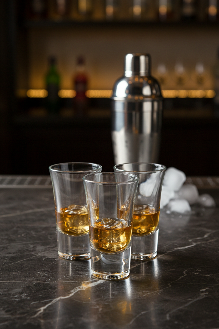 Flared shot glasses on dark marble bar counter