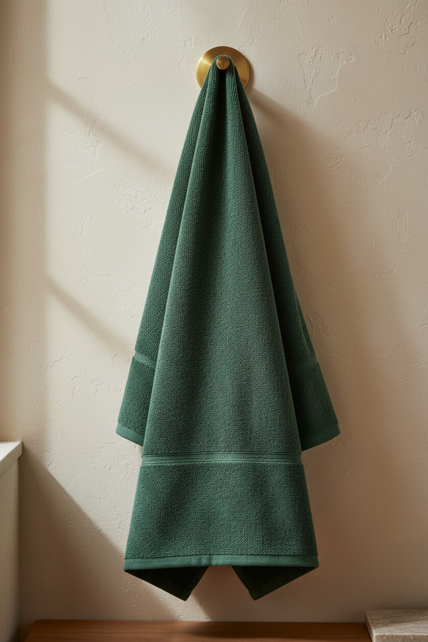 Dark Green Bath Towel hanging on brass hook