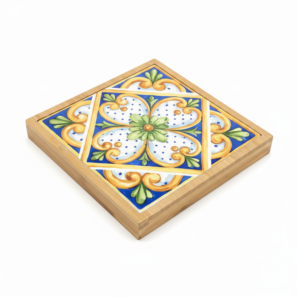 Turkish Hotpot Tile – Cobalt Quatrefoil & Gold Lattice, 3/4 angle showing bamboo frame depth