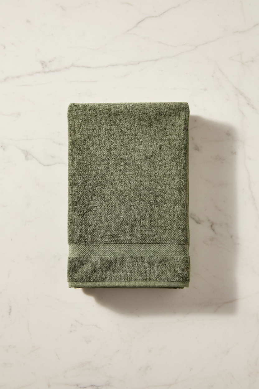 Dark Green Bath Towel folded flat on marble surface