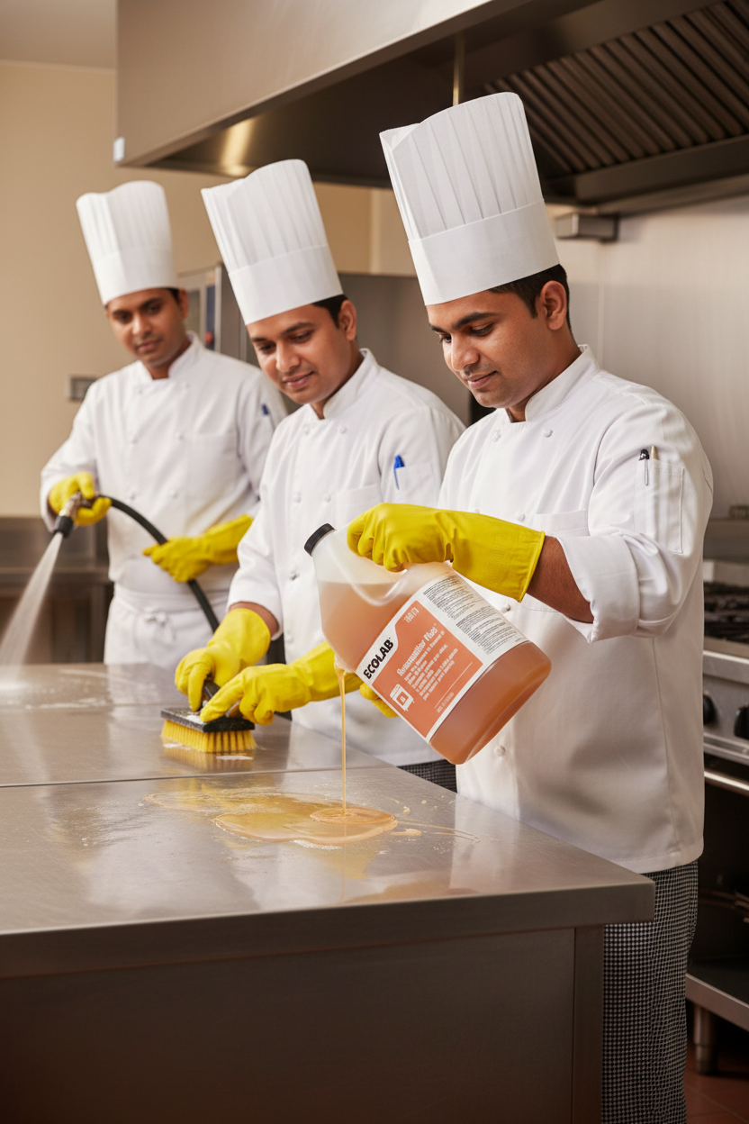 Ecolab Greasecutter Plus heavy duty kitchen degreaser in use by professional chef India