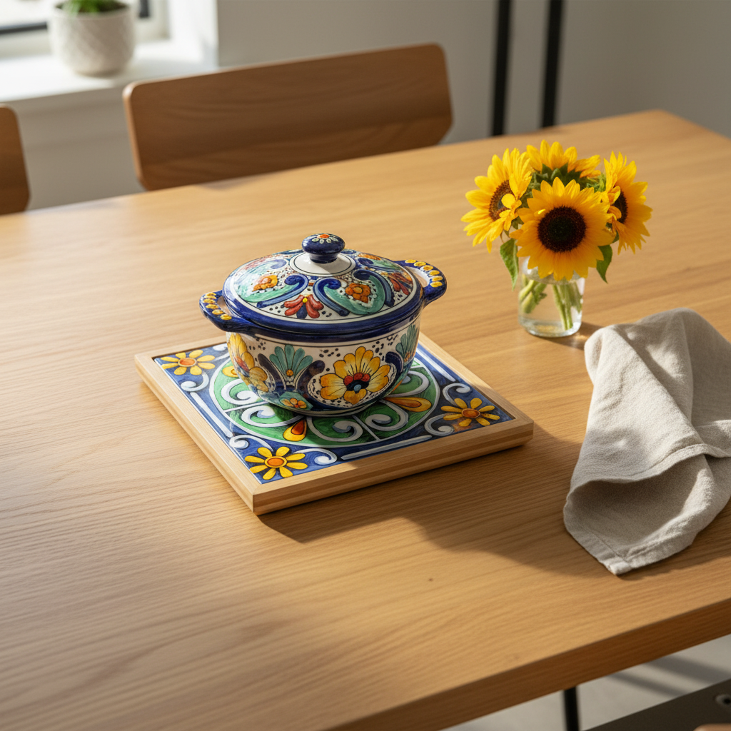 Turkish Hotpot Tile – Navy Daisy Wheel, lifestyle shot with pot on oak table