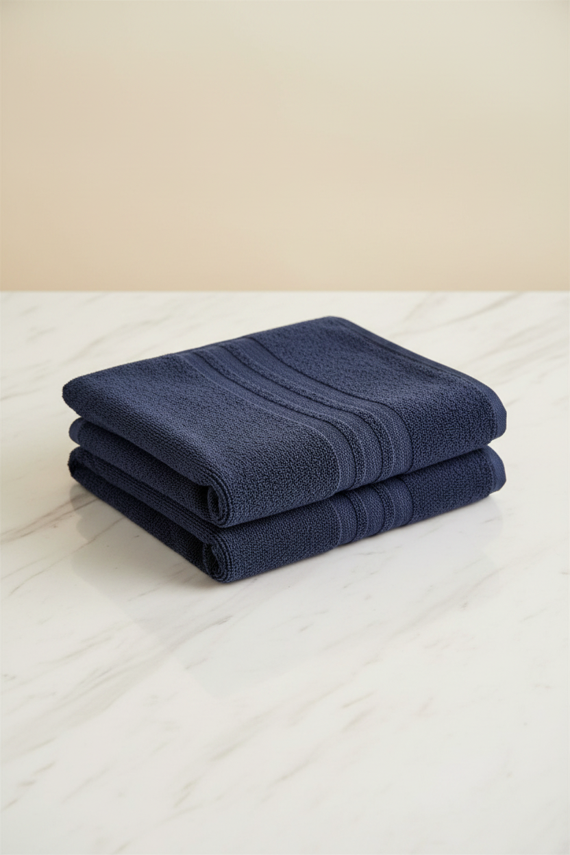 Blue Bath Towel folded flat on marble surface