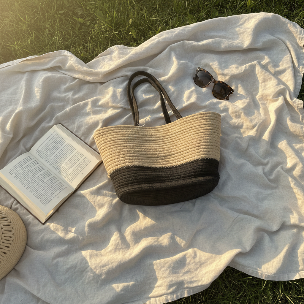 Beige and black woven tote bag on a picnic setting with a book and sunglasses