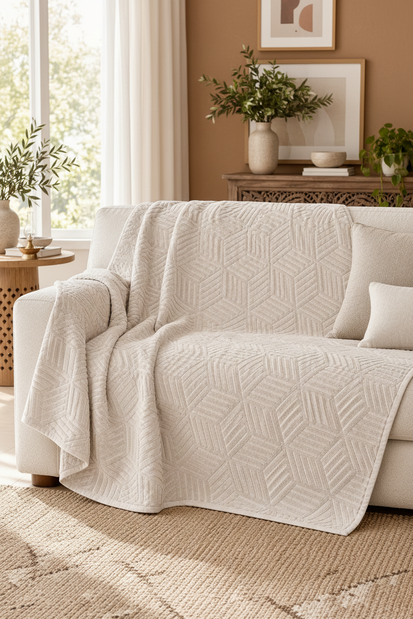 STIL CUBE beige cotton bedspread styled on a contemporary double bed
