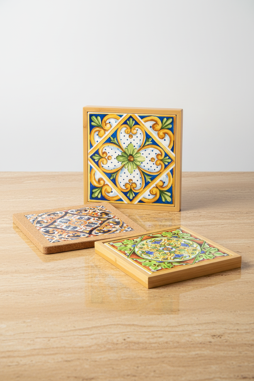 Turkish pattern ceramic hotpot tile trivets in cobalt, navy and terracotta — table decor by Griha Sajja