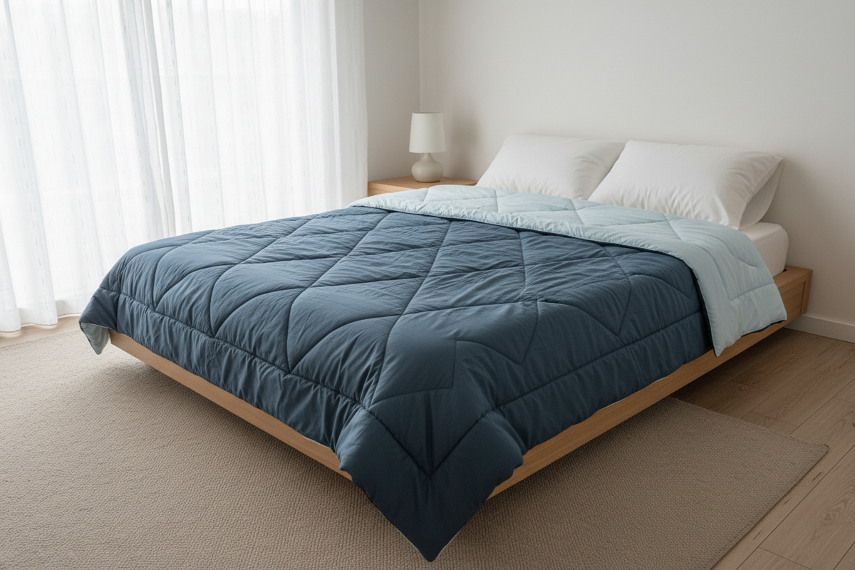 Sky blue and dark blue reversible quilted duvet arranged on a modern bed
