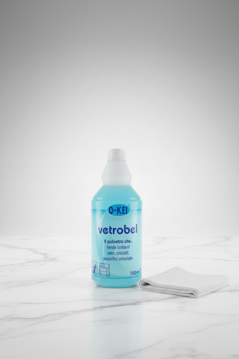 O-KEI Vetrobel Glass Cleaner 750ml product hero shot on clean white marble surface