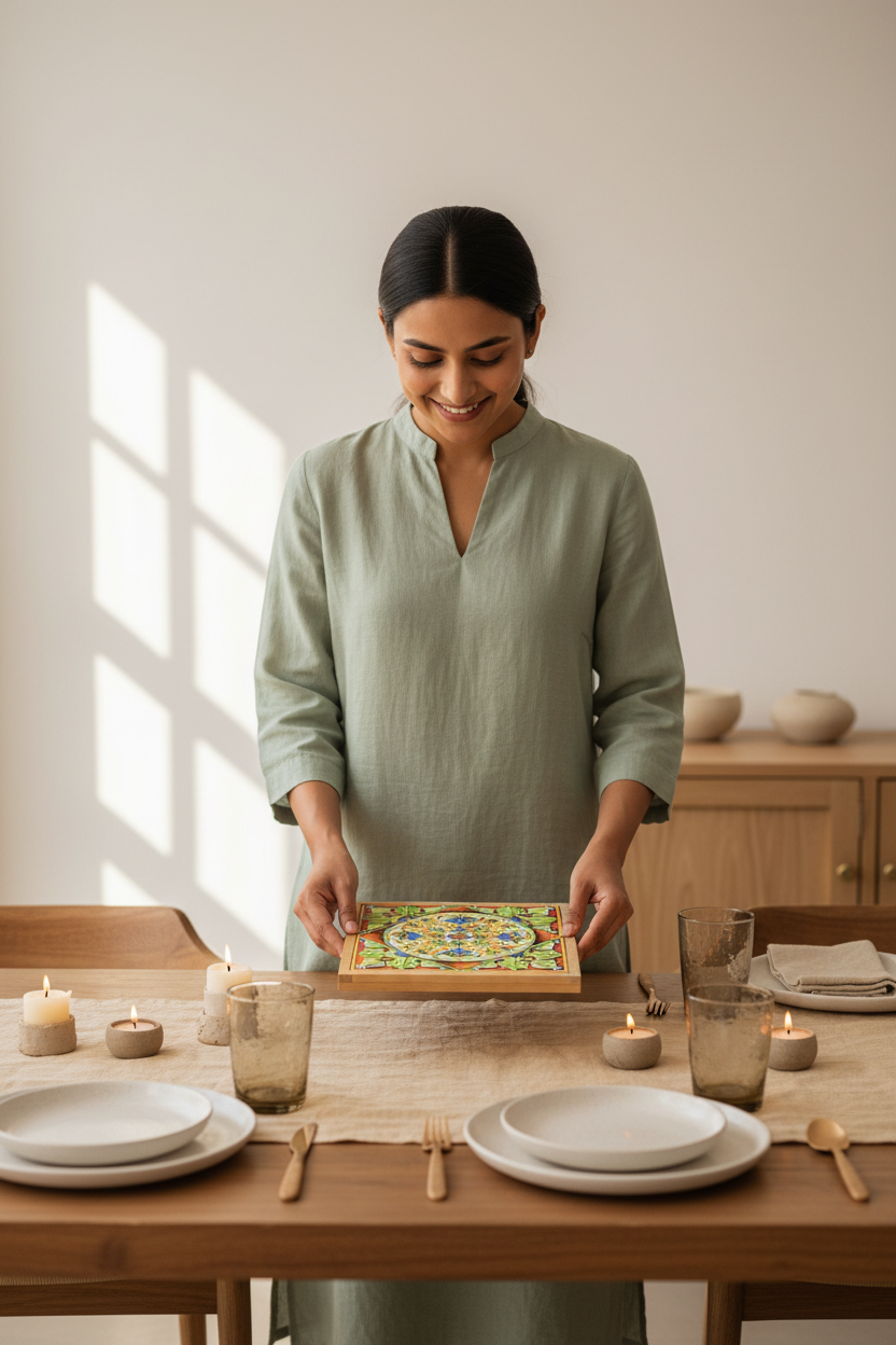 Turkish pattern ceramic hotpot tile trivets in cobalt, navy and terracotta — table decor by Griha Sajja