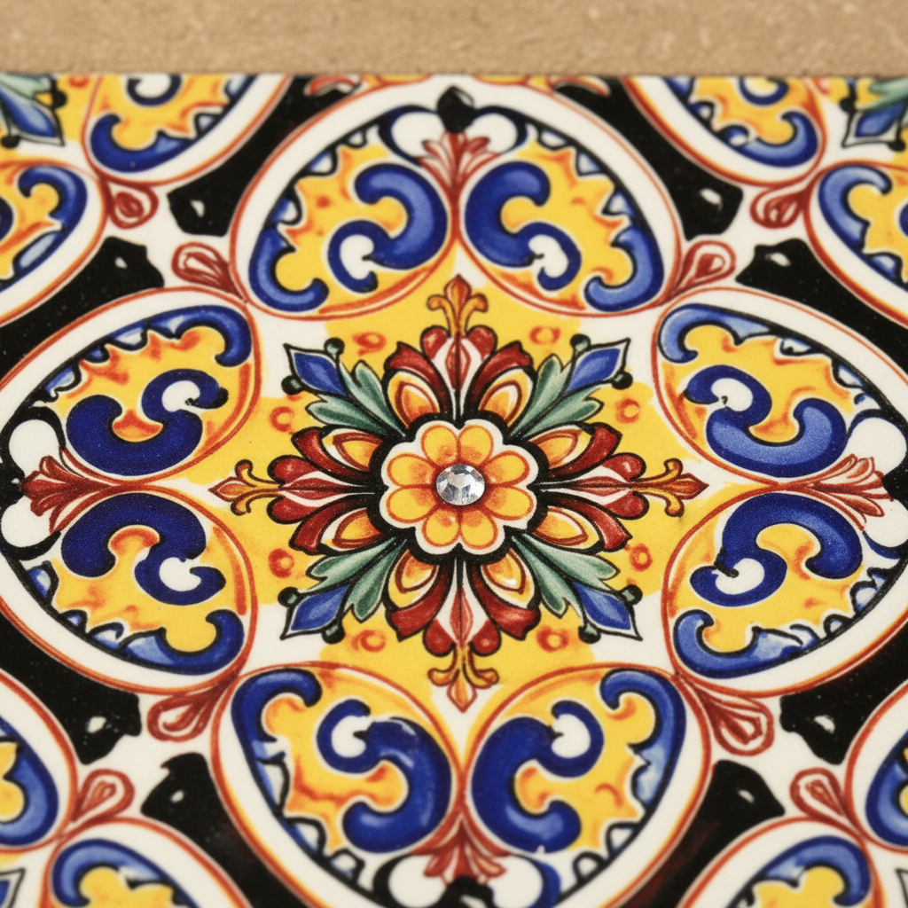Turkish Hotpot Tile – Golden Baroque Scroll, close-up macro detail