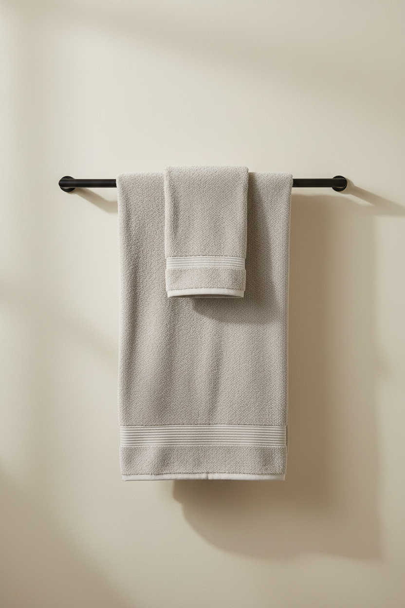 Creamish Grey Bath Towel draped on rail