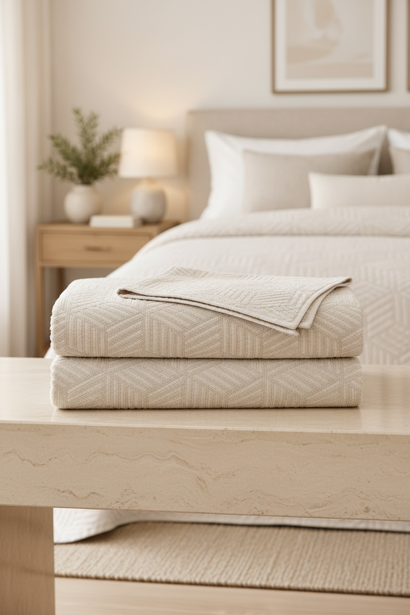 STIL CUBE beige cotton bedspread styled on a contemporary double bed