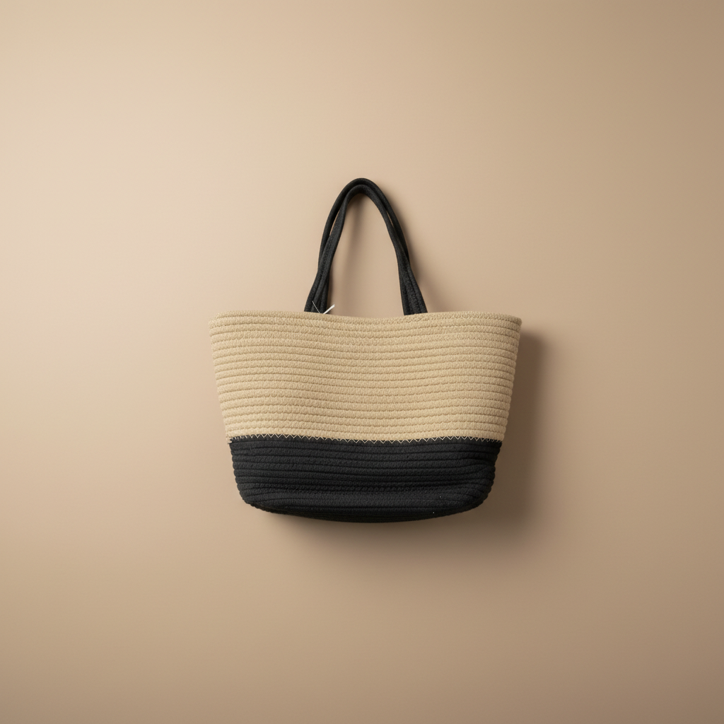 Beige and black woven tote bag in a clean lifestyle setting