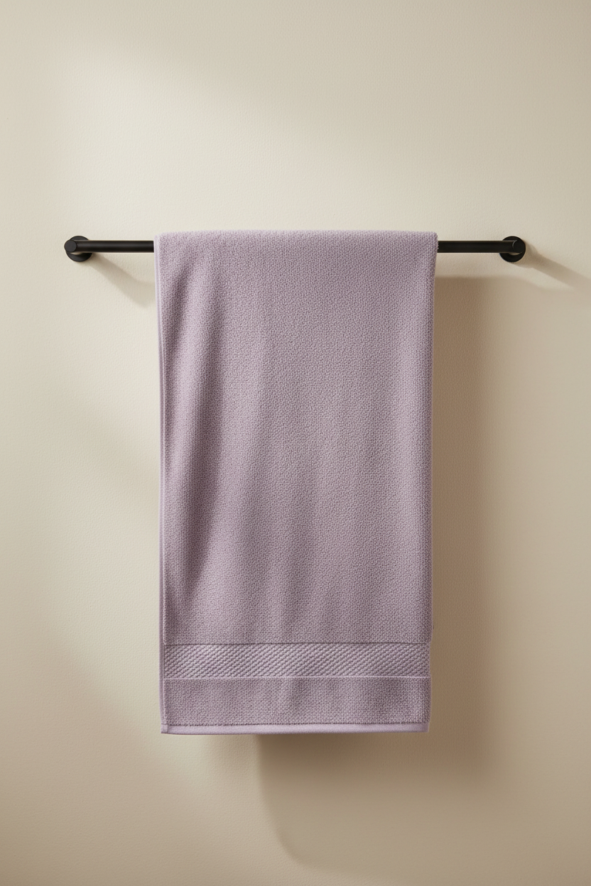 Purple Bath Towel draped on rail