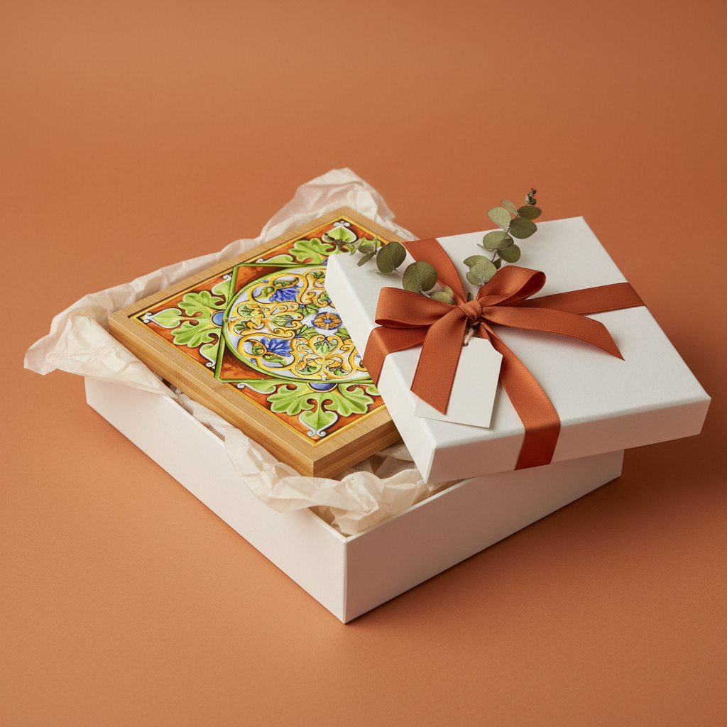 Turkish Hotpot Tile – Terracotta Acanthus Wreath, gift styling shot