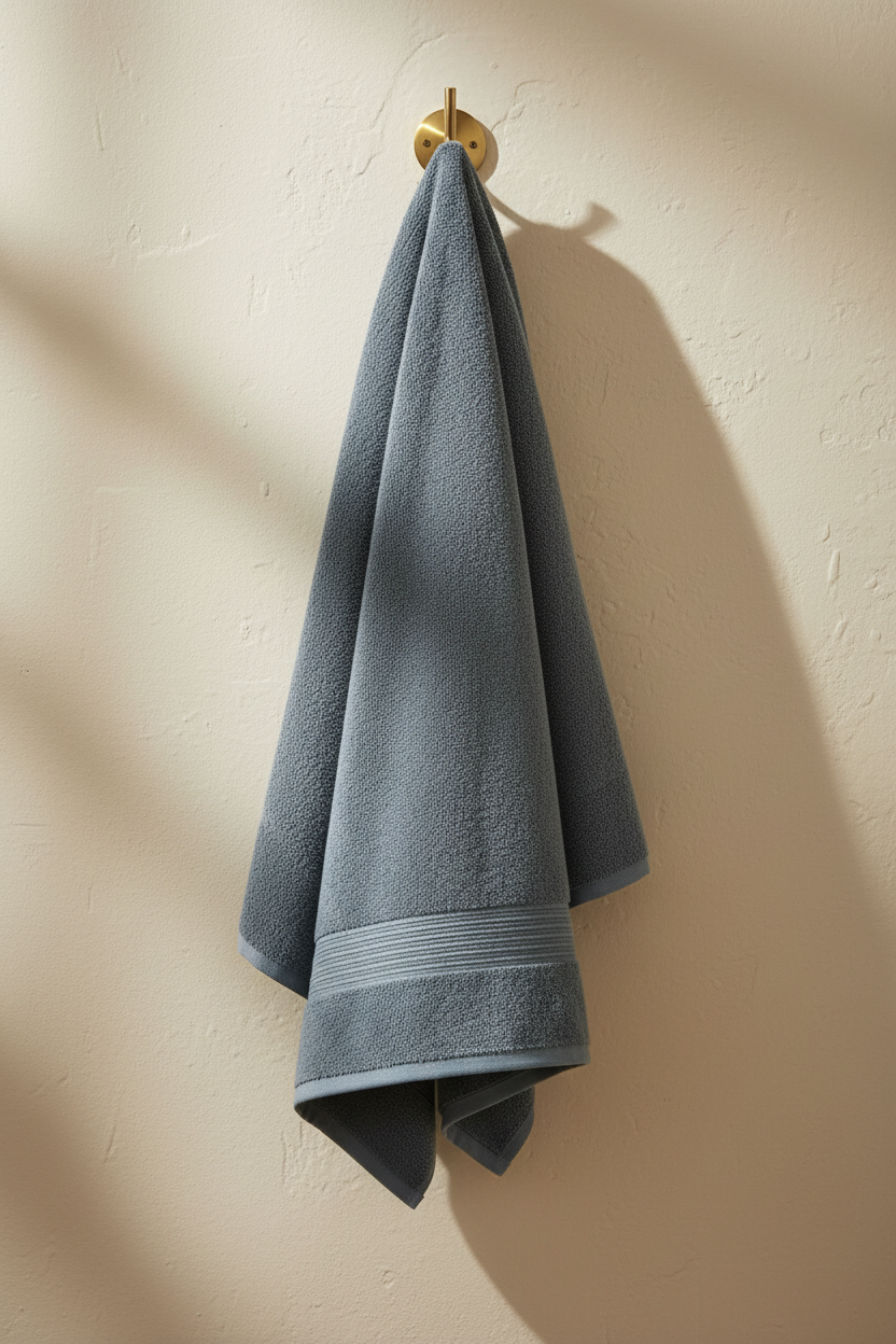 M&D Decor Heavy Grey Bath Towel hanging on brass hook