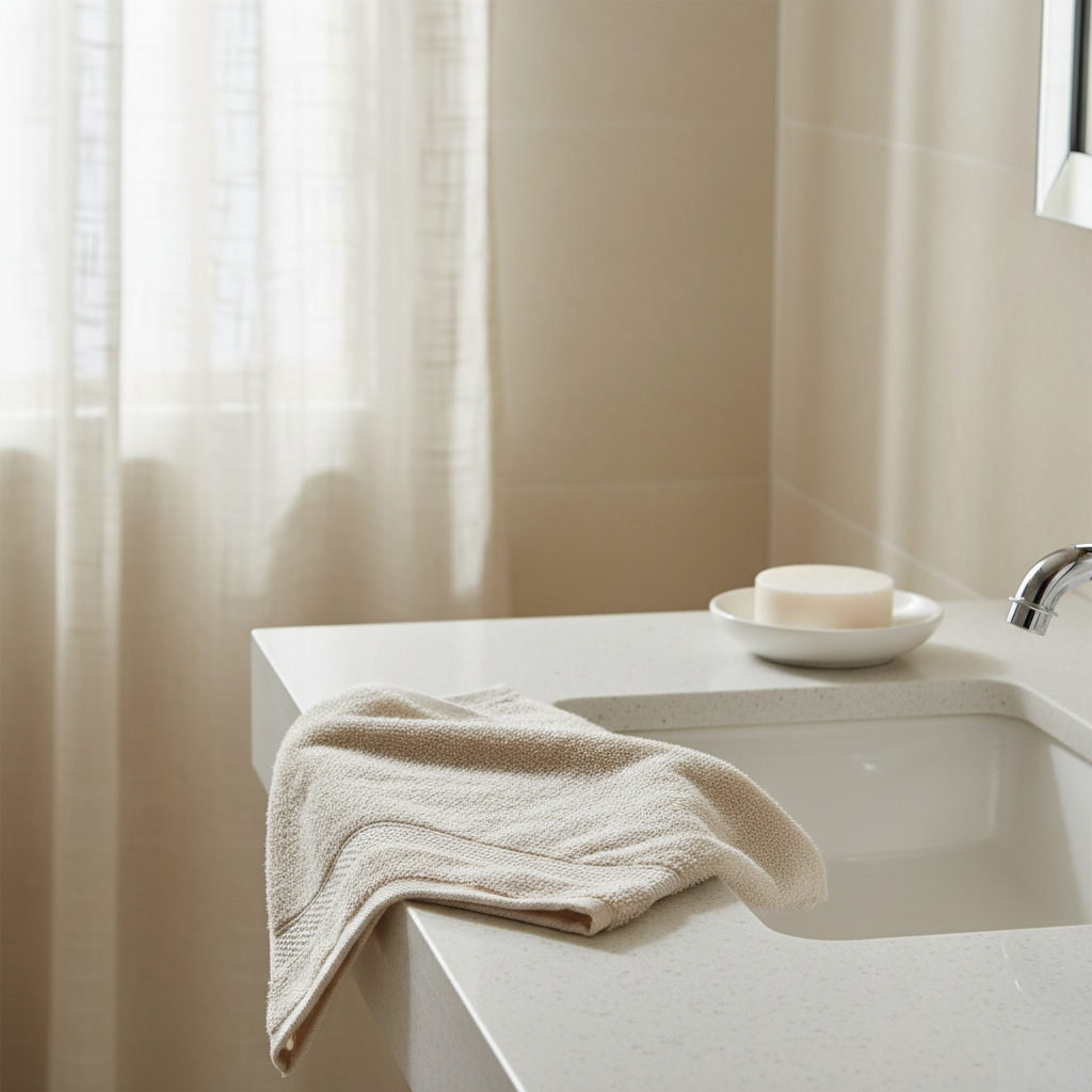 Cream face towel lifestyle shot beside sink