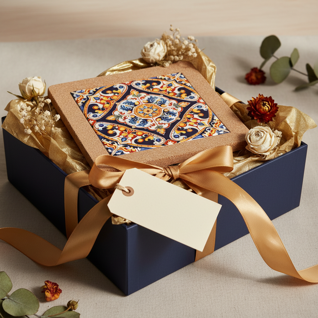 Turkish Hotpot Tile – Navy Baroque Medallion, gift styling shot