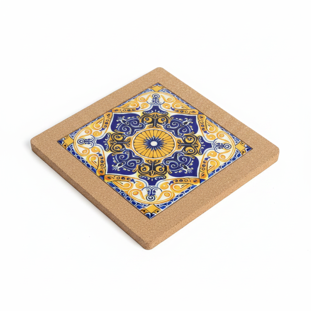 Turkish Hotpot Tile – Cobalt & Gold Geometric Star, 3/4 angle showing cork frame depth