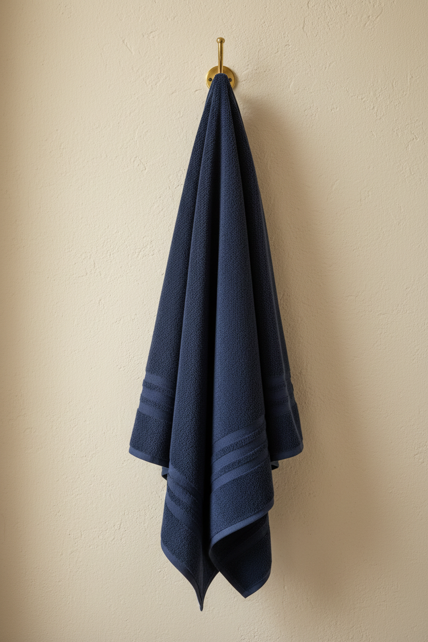 Blue Bath Towel hanging on brass hook