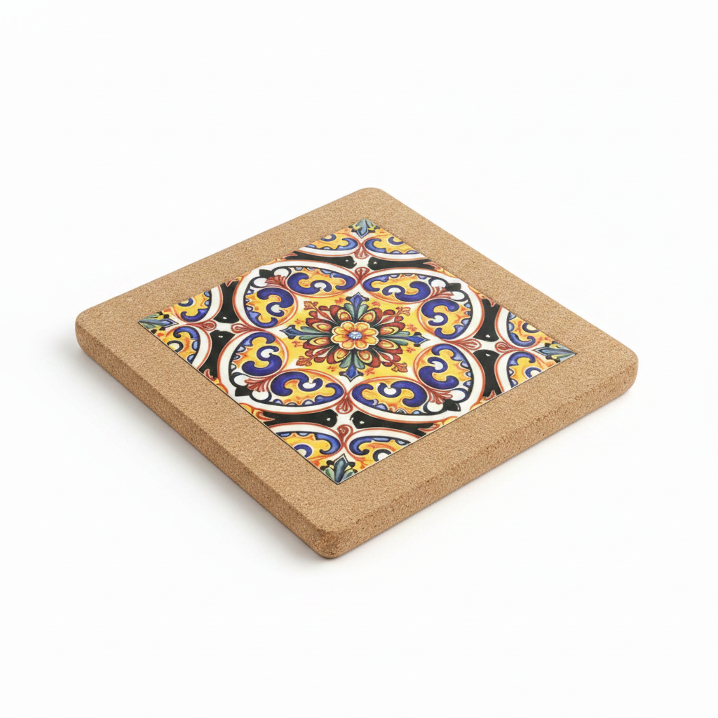 Turkish Hotpot Tile – Golden Baroque Scroll, 3/4 angle showing cork frame depth