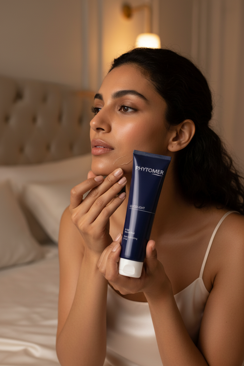 Indian woman applying PHYTOMER Glycolight Night Bi-Gel at night luxury skincare