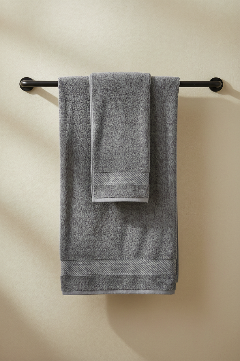 Grey Bath Towel draped on rail