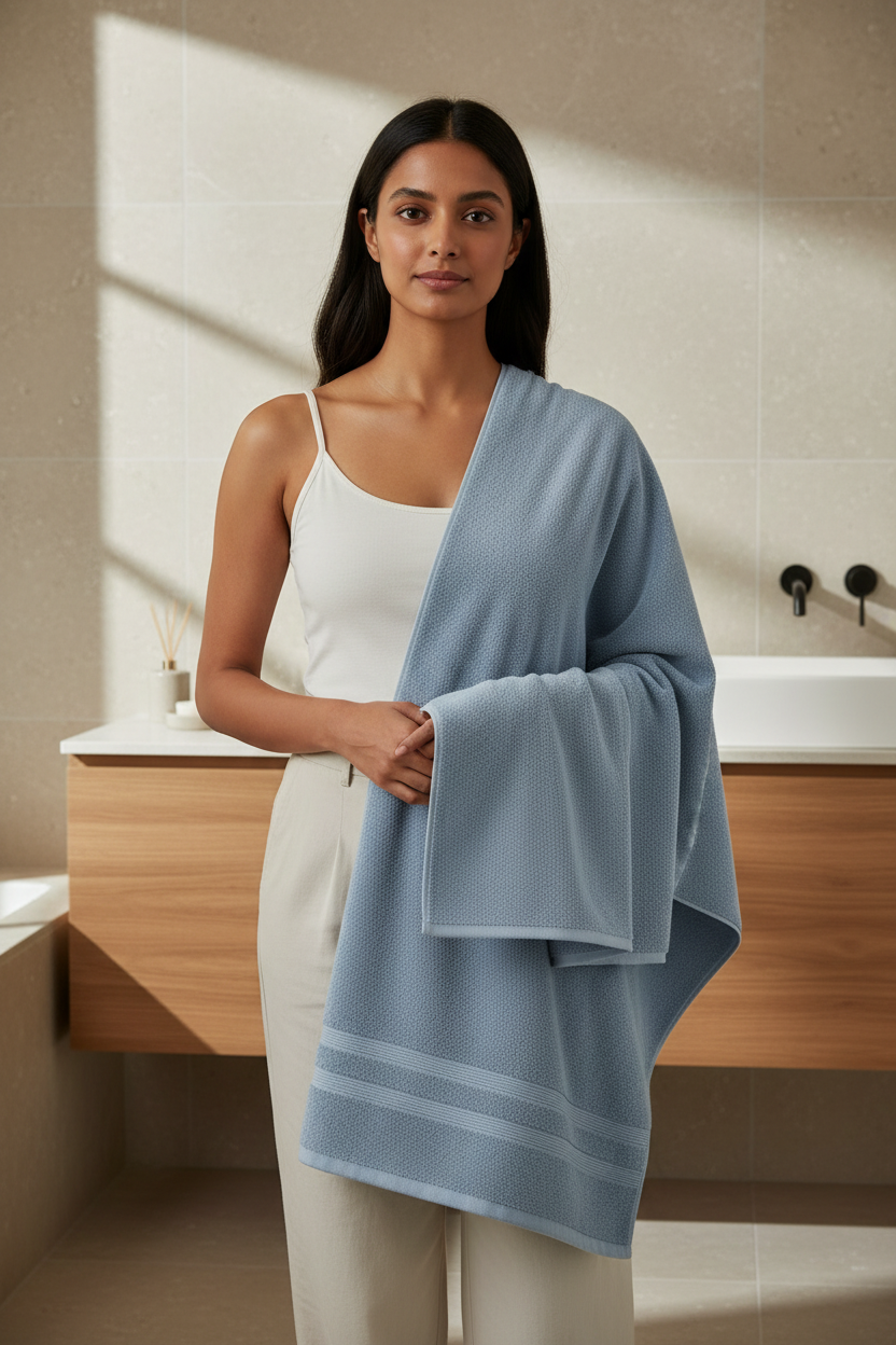 Light blue cotton bath towel styled in a refined contemporary bathroom