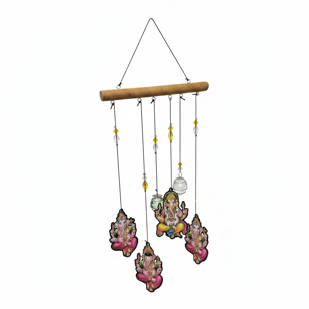 Nature's Melody Ganesha wind chime with wooden rod and colourful Ganesha charms
