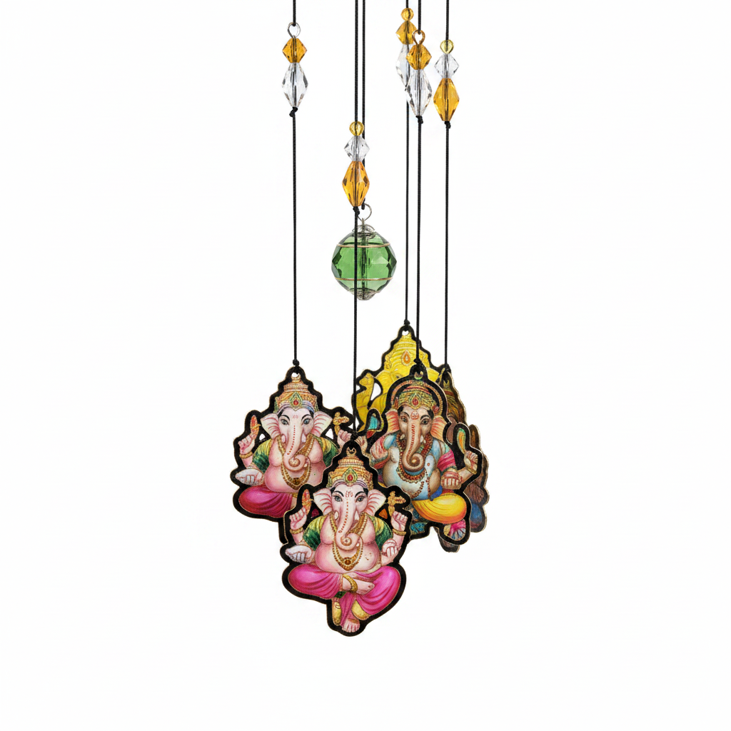 Close view of Nature's Melody Ganesha wind chime charms and bead accents