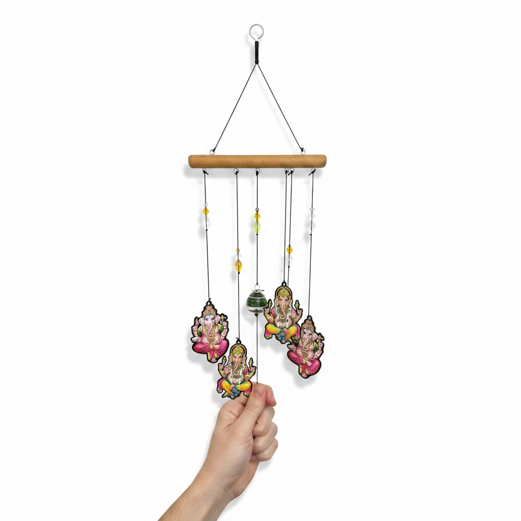 Nature's Melody Ganesha wind chime shown in hand for scale