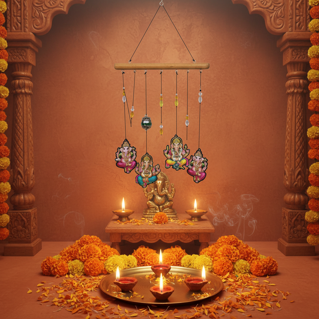 Nature's Melody Ganesha wind chime hanging in a puja room