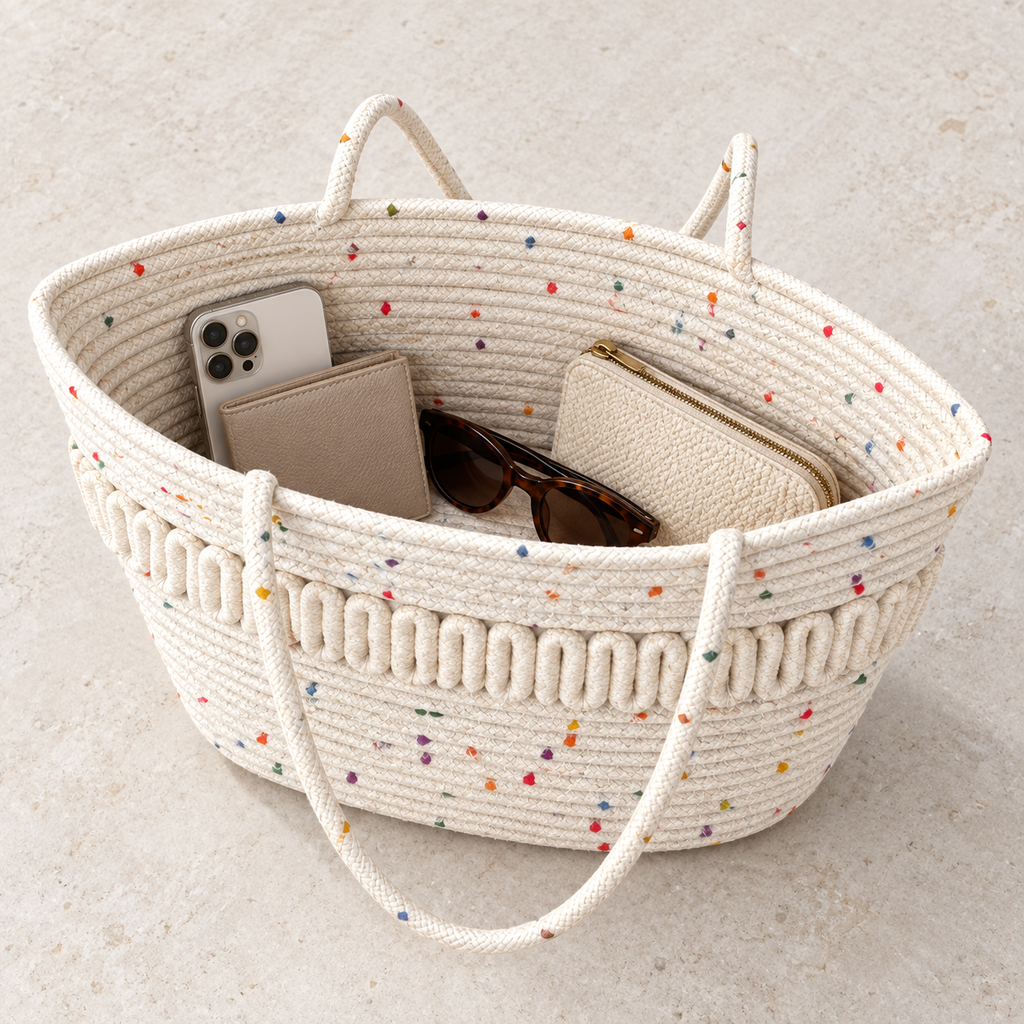 Open ivory speckled rope tote bag showing everyday carrying capacity