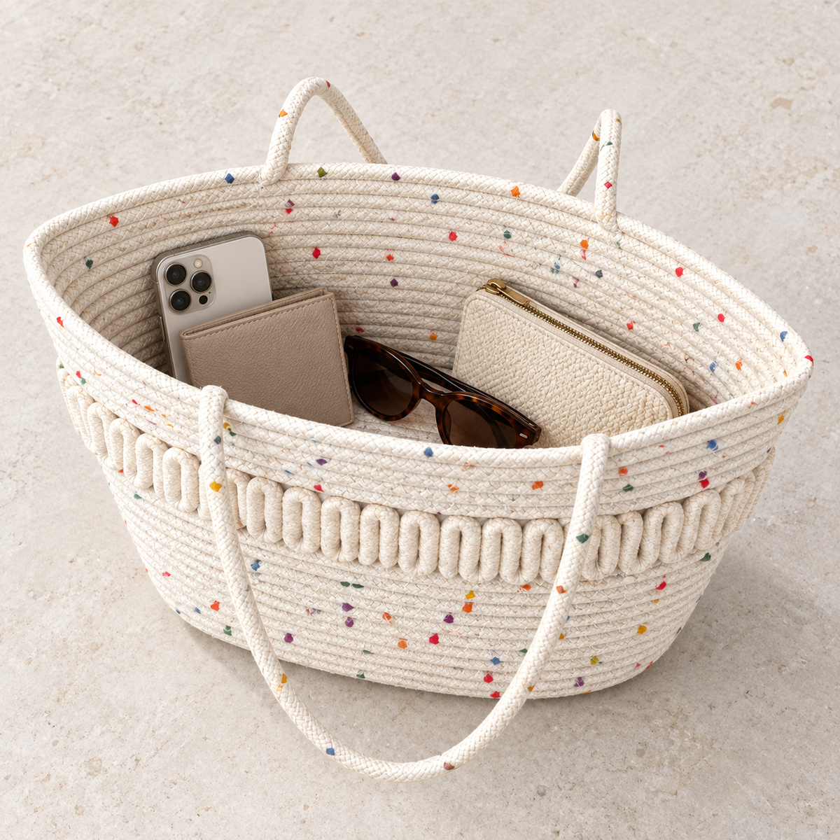 Open ivory speckled rope tote bag showing everyday carrying capacity
