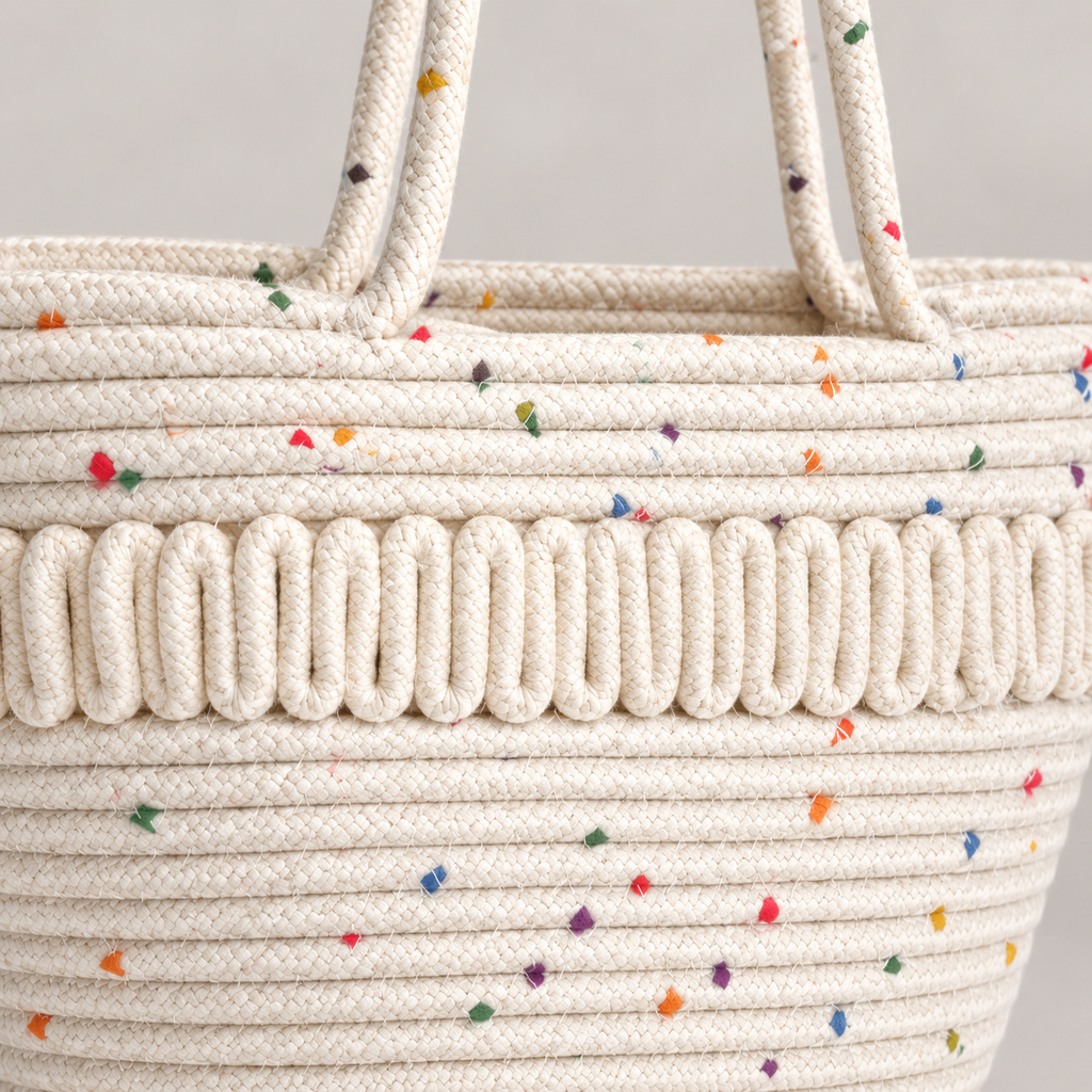 Close-up of ivory rope coils, multicolour flecks and looped front detail