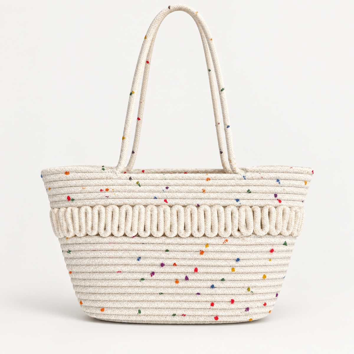 Ivory speckled rope tote bag with looped front band on a light gray studio background