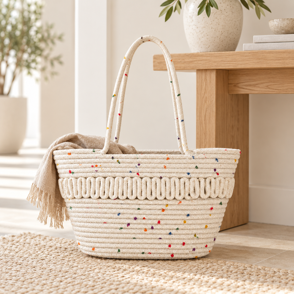 Ivory speckled rope tote bag styled in a bright neutral home interior