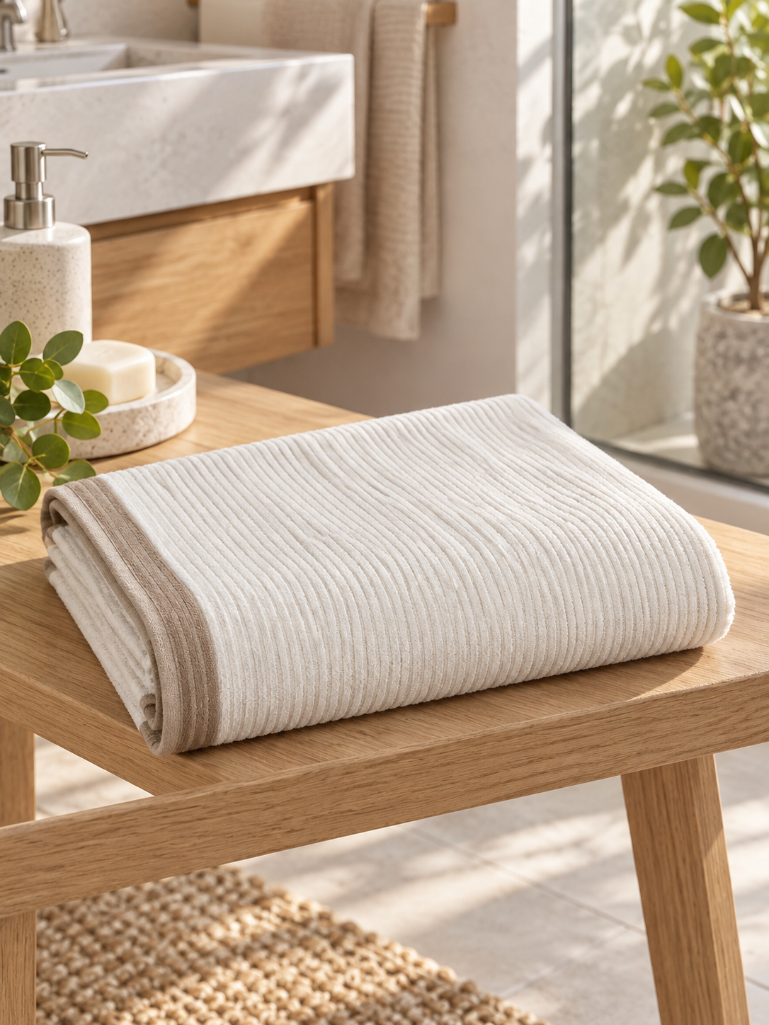 Ivory ribbed towel with taupe border folded on a bathroom bench