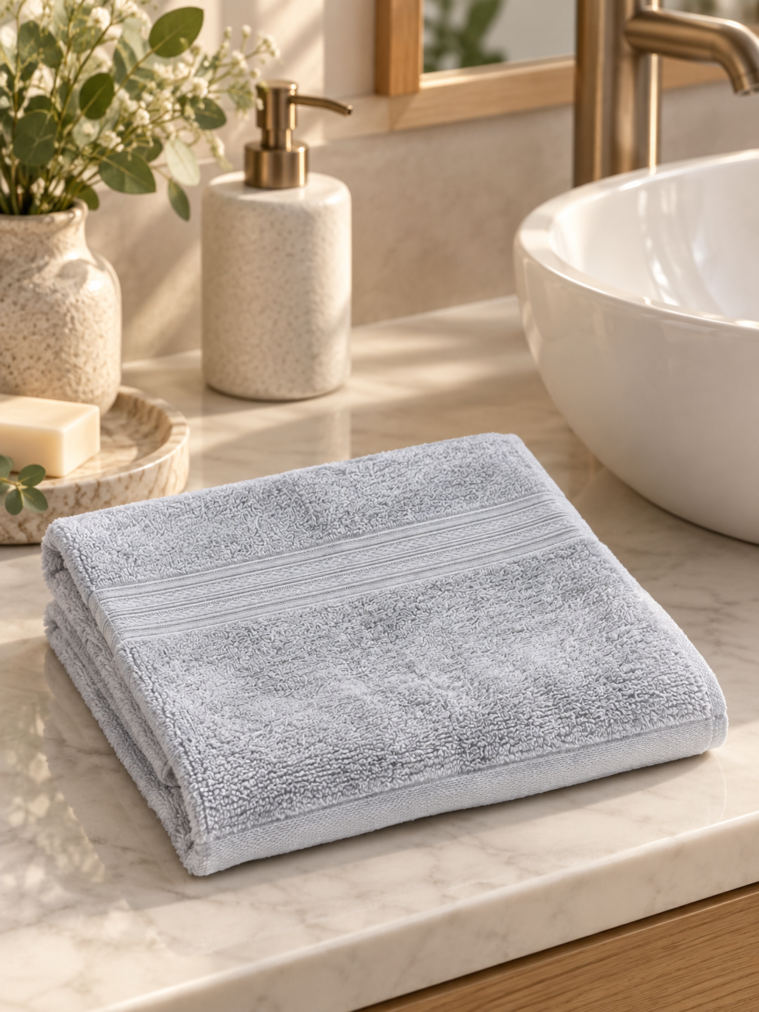 Light gray face towel folded on a contemporary bathroom counter