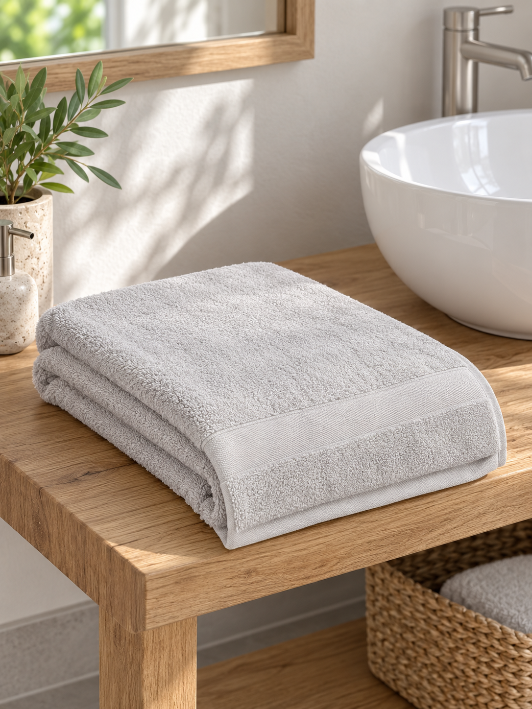Light gray terry towel with broad woven end borders folded in a bright bathroom