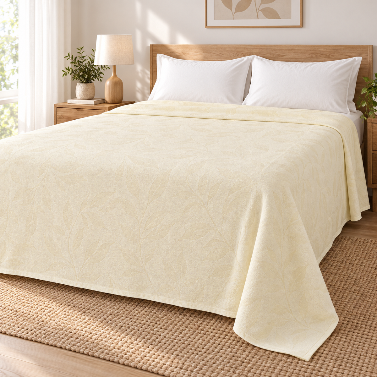 Light yellow leaf-pattern textured sheet styled on a double bed
