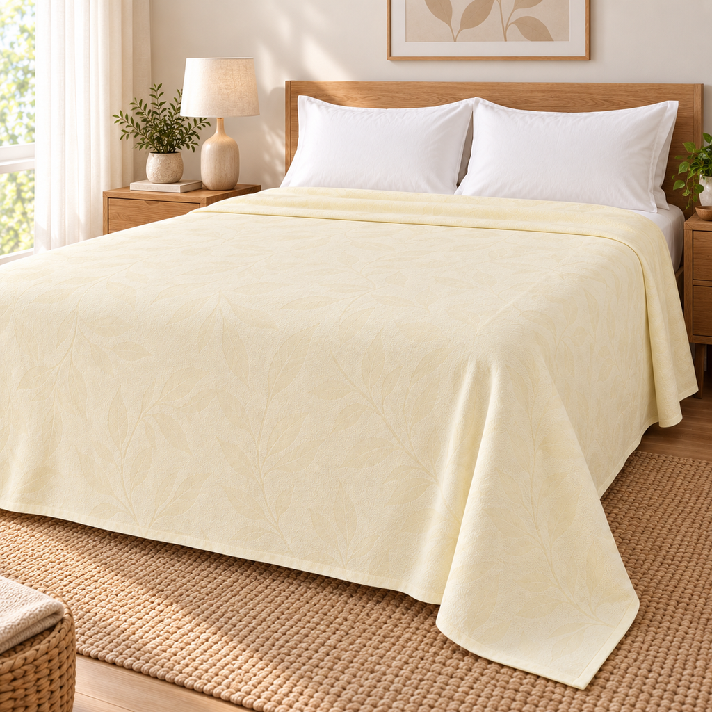 Light yellow leaf-pattern textured sheet styled in a guest bedroom