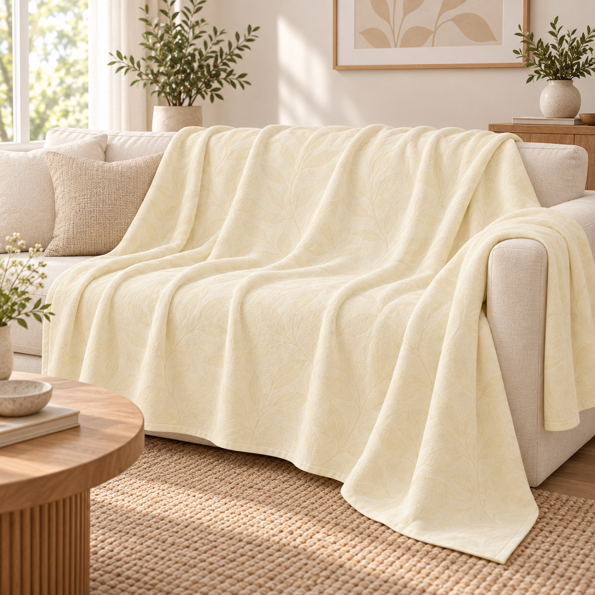 Light yellow leaf-pattern textured sheet styled as a sofa throw