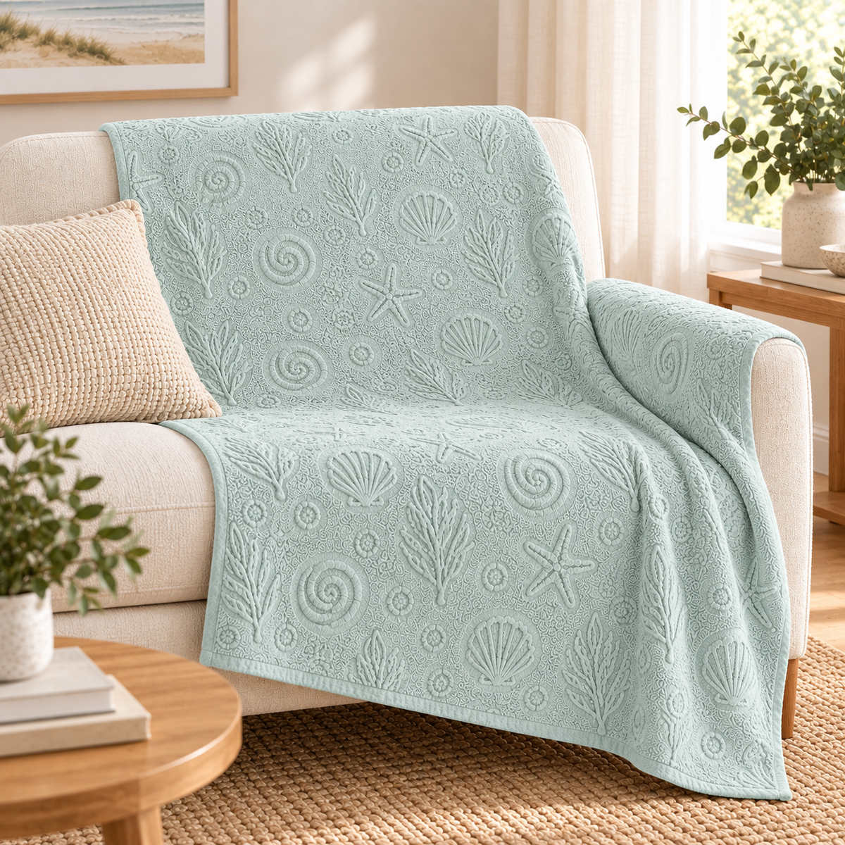 Mint green marine-pattern textured sheet styled as a chair throw