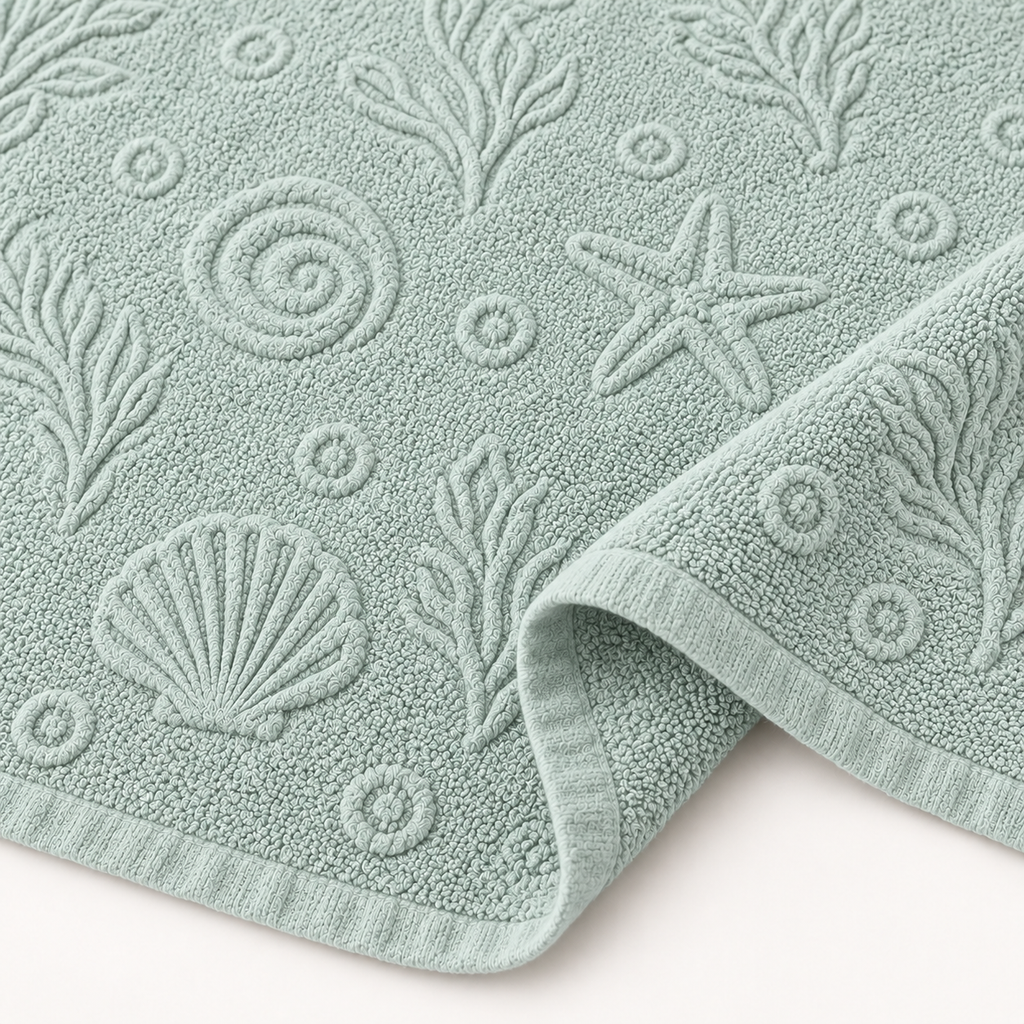 Close-up of mint green sheet with raised seashell and starfish pattern