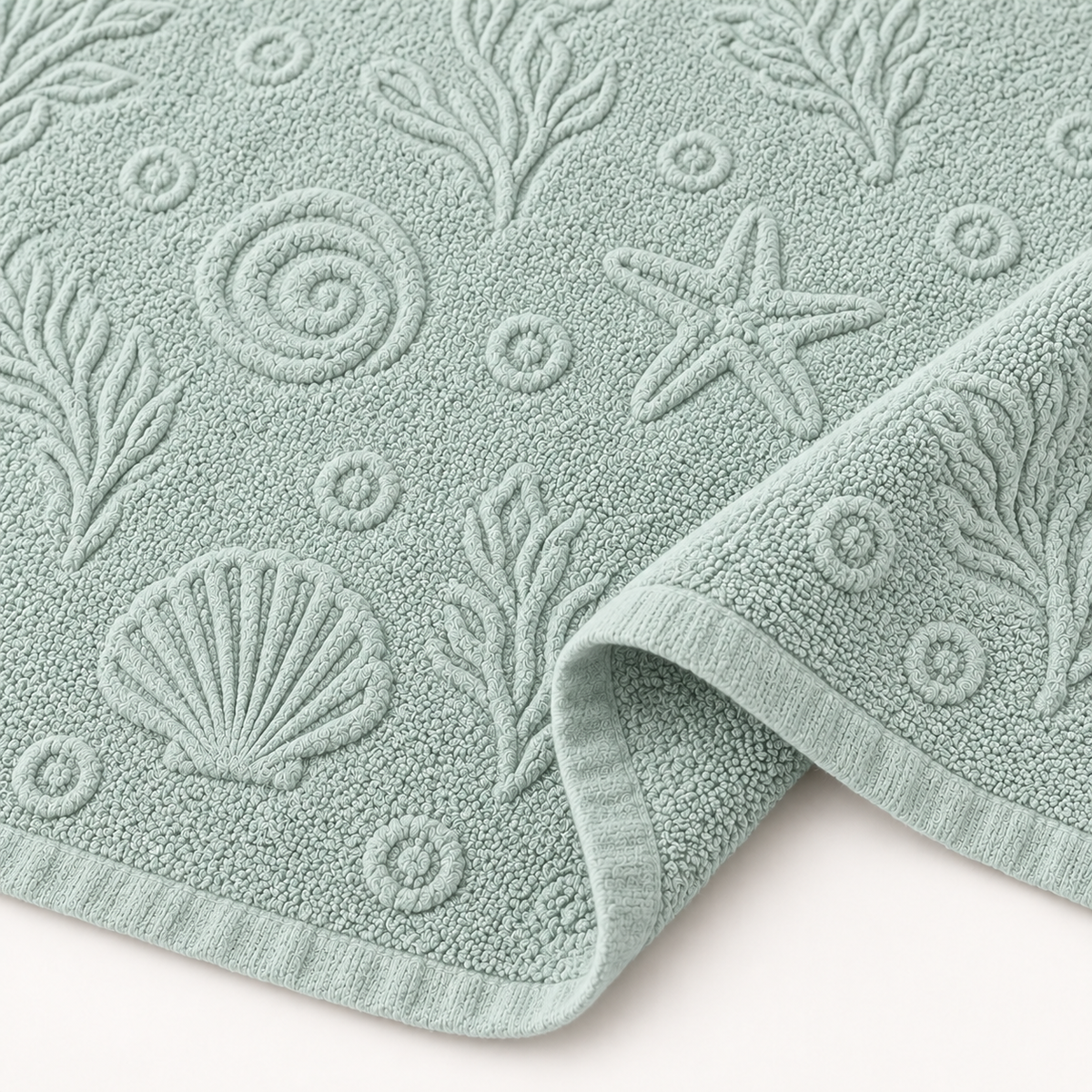 Close-up of mint green sheet with raised seashell and starfish pattern