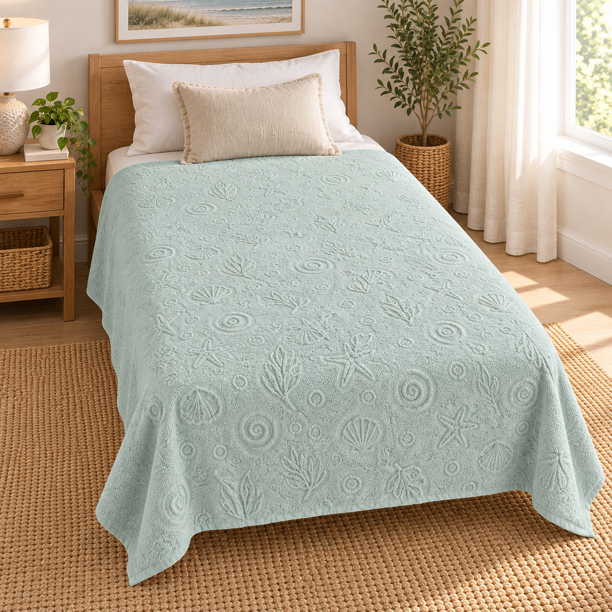 Mint green marine-pattern textured sheet styled on a single bed