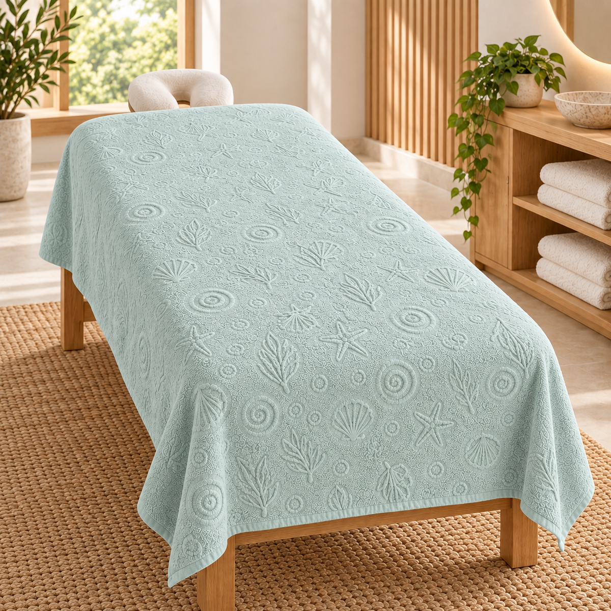 Mint green marine-pattern textured sheet styled on a spa table