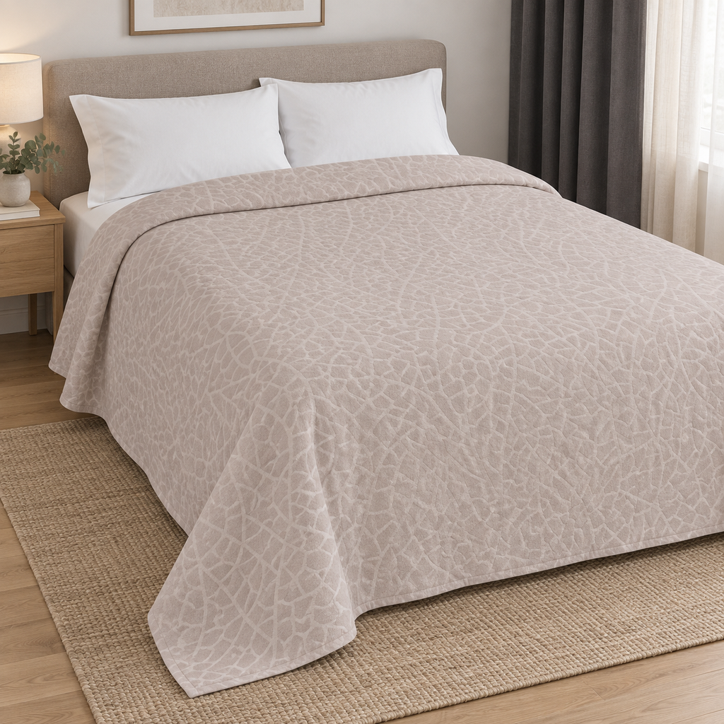 Mosaic-pattern pale beige bedspread shown from an angled bedroom view